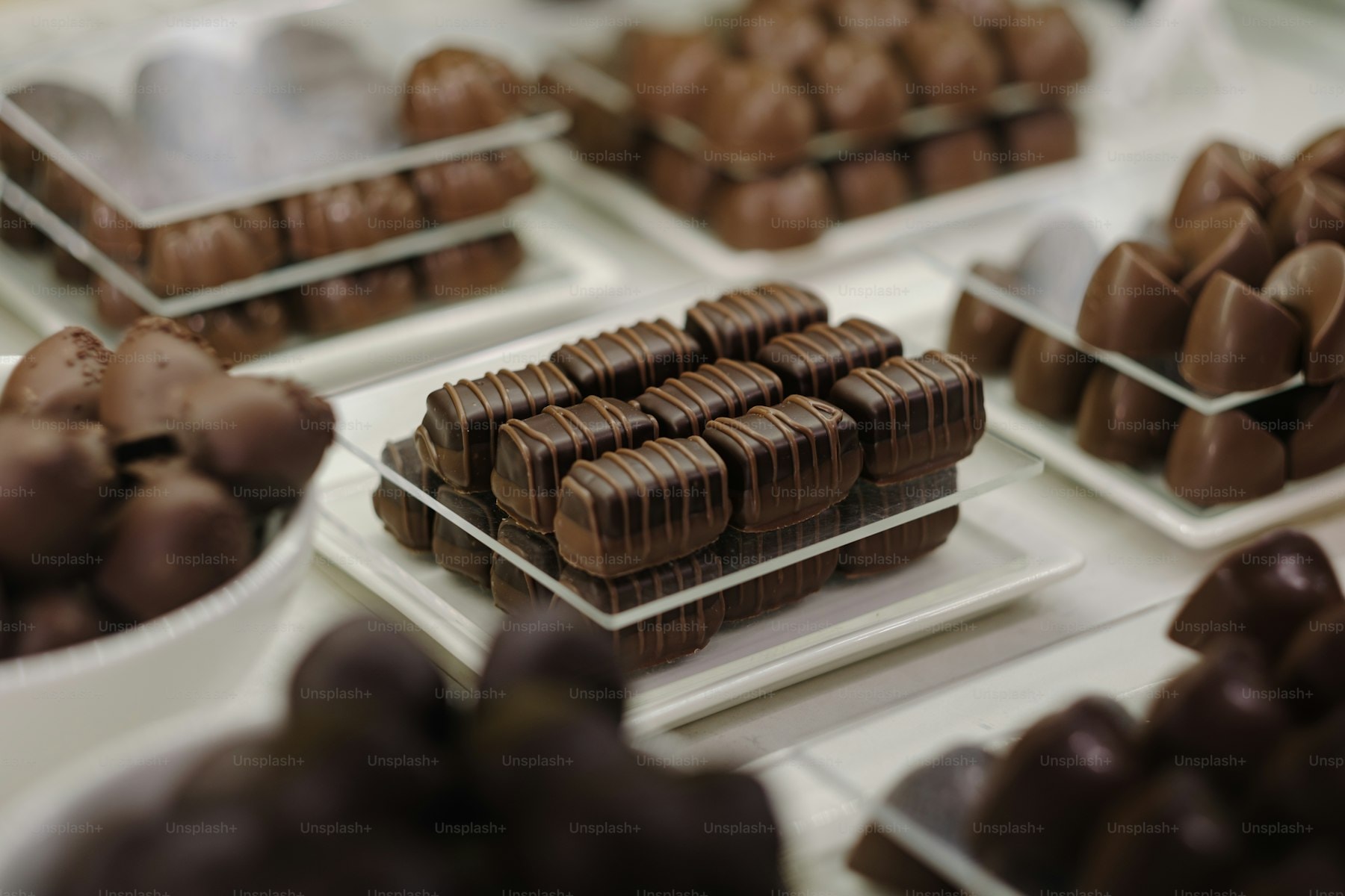 Close-up of an assortment of dark chocolate pralines